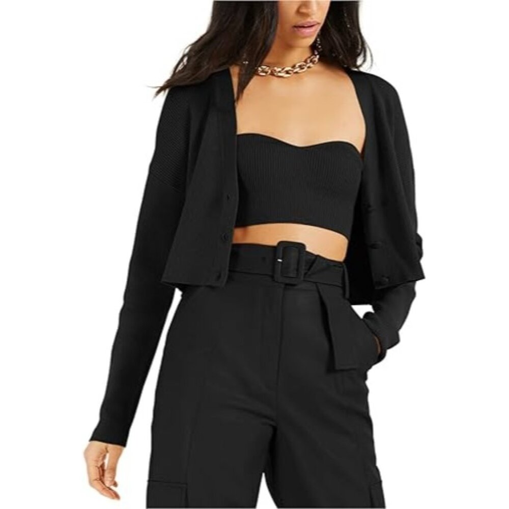 Culpos X INC Women Cropped Sweater Front Button Long Sleeves Black Size X Large